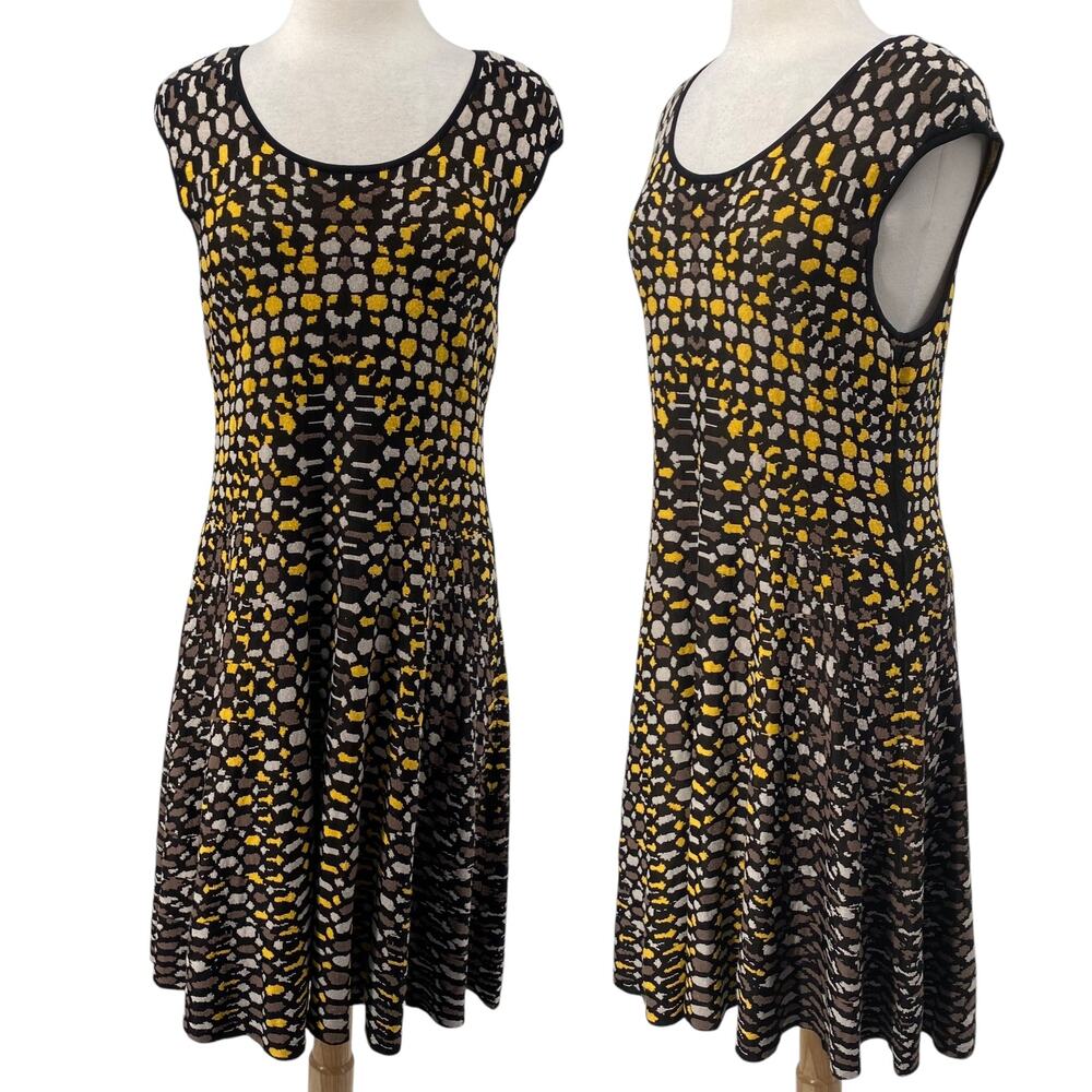 Nic + Zoe Fit & Flare Midi Sweater Dress Intarsia Knit Geometric Black Yellow XL